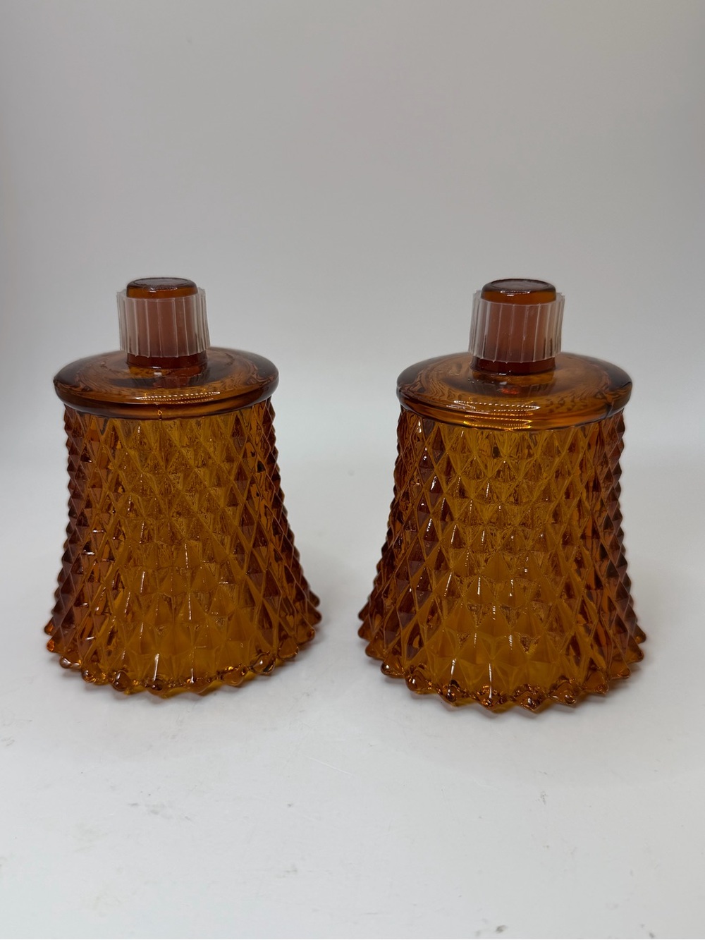 Pair Vintage Honey Amber Diamond Cut Glass Votive Cup Candle Tulip.
